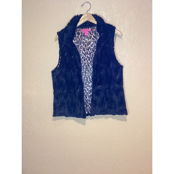 Betsey‎ Johnson Black Faux Fur Vest with satin Leopard Print Lining Size Medium - Picture 1 of 5